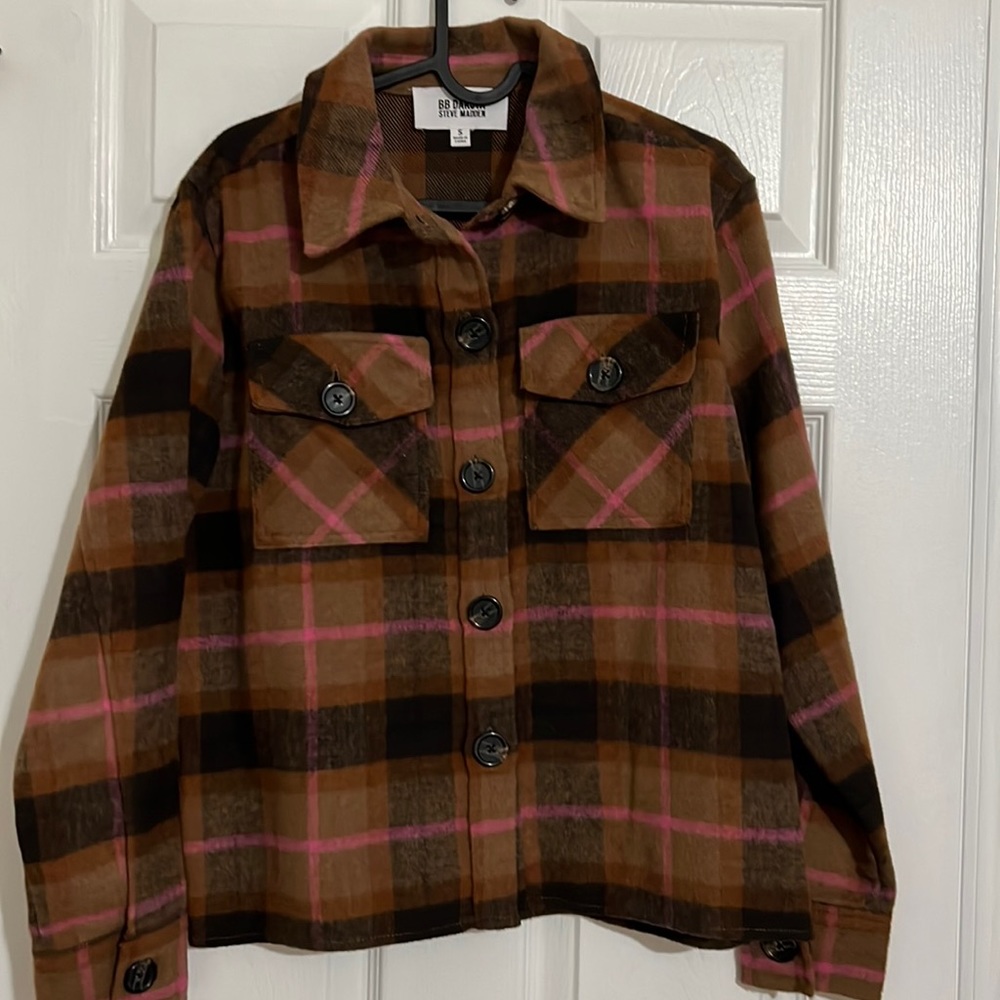 BB Dakota By Steve Madden Women's Button Down Boxy Shacket (Cashew Plaid,S)